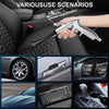 A hand holds a silver high-pressure air blow car cleaning gun, demonstrating various usage scenarios on a car interior.