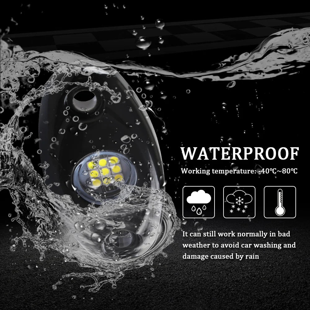 A close-up of a waterproof LED light housing being sprayed with water, demonstrating its durability for vehicle use.