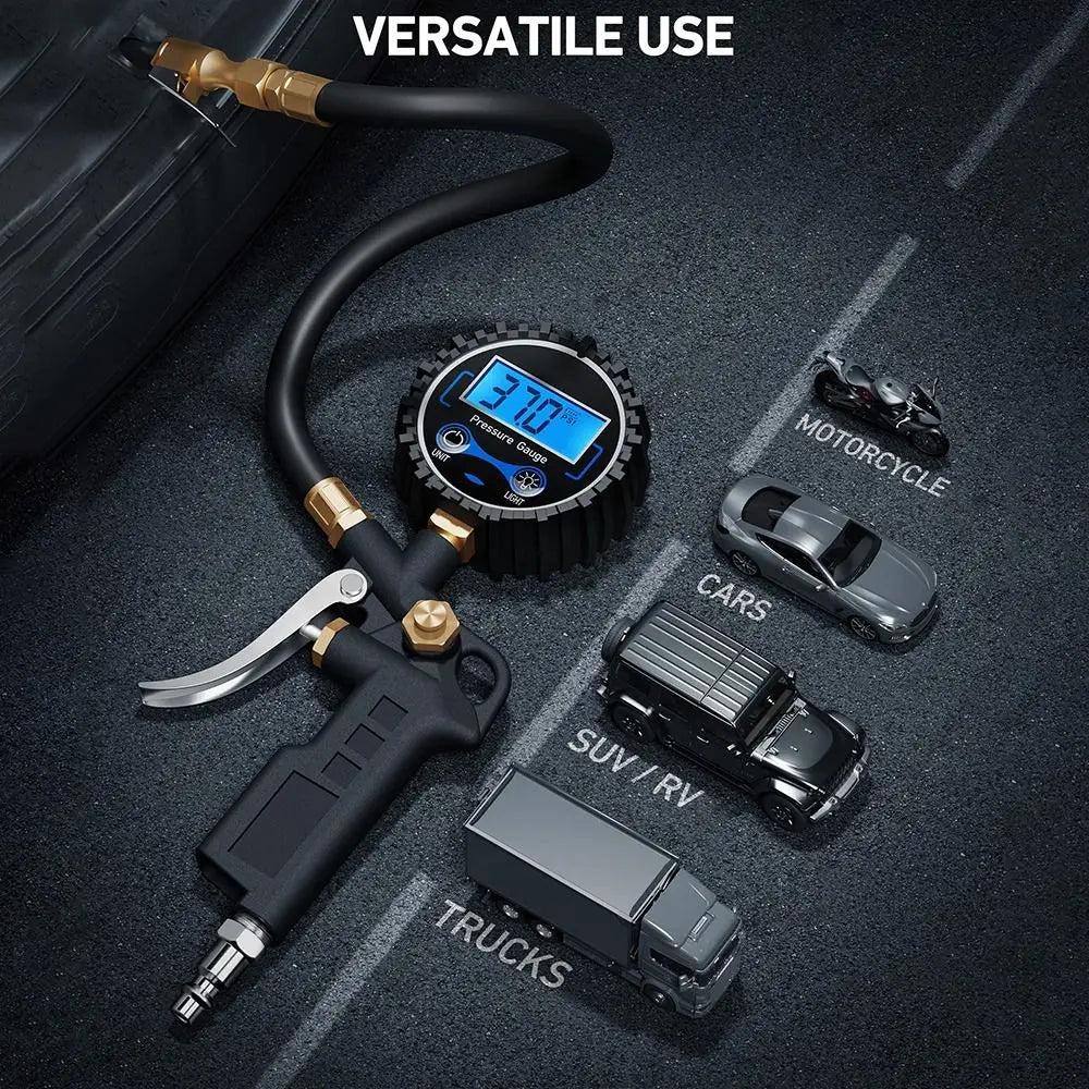A digital tire pressure gauge with an inflator and quick connect coupler is shown connected to a tire, demonstrating versatil