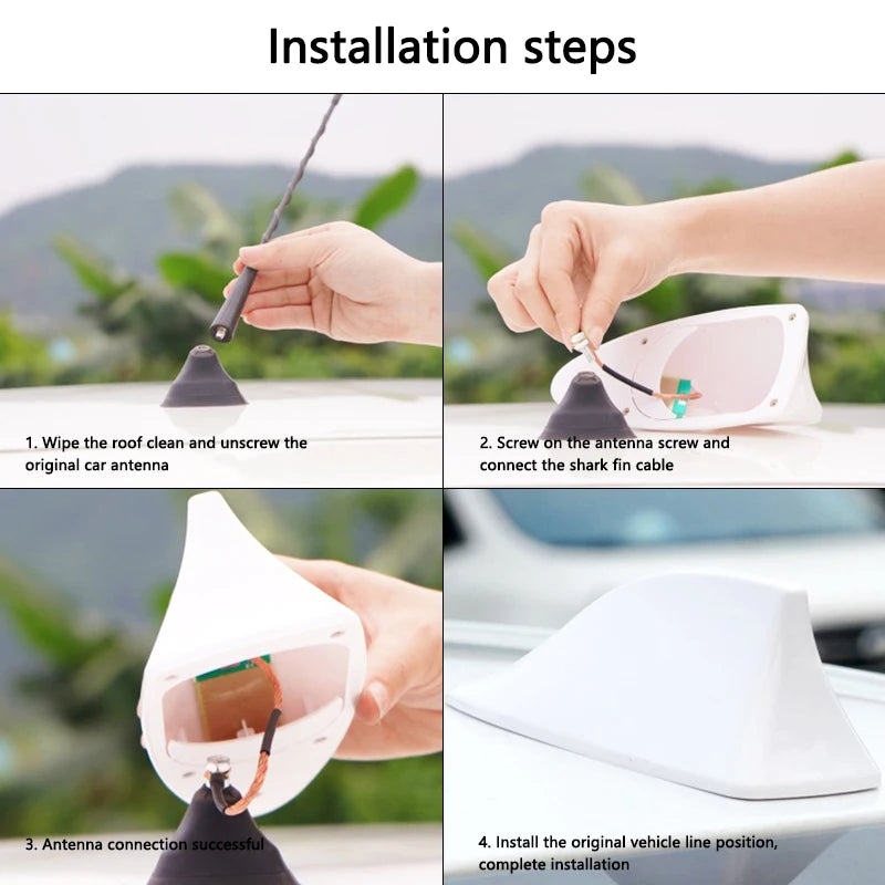 Installation steps showing how to install a shark fin antenna on a car roof.