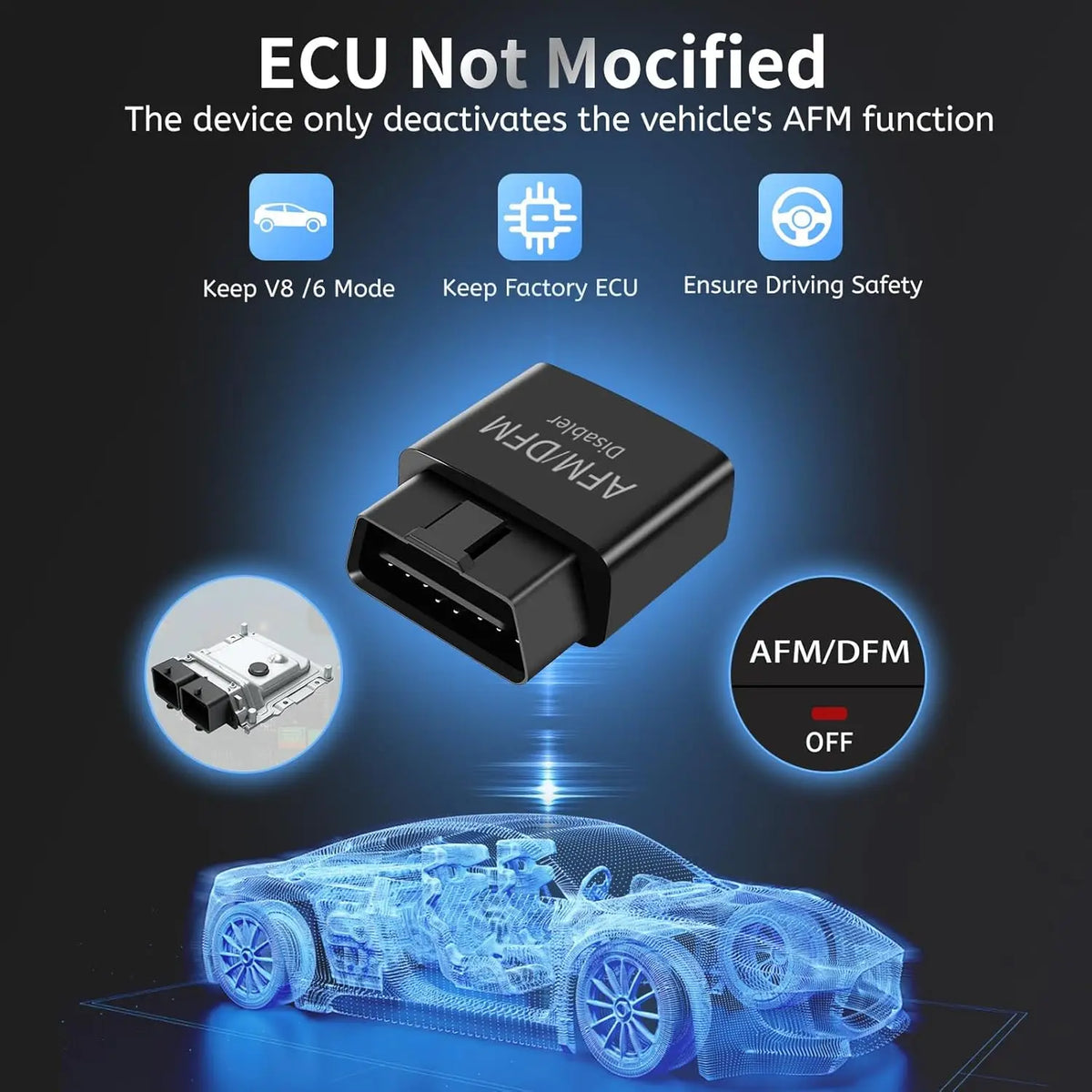 An AFM/DFM disabler electronic module shown next to a detailed 3D rendering of a car engine.