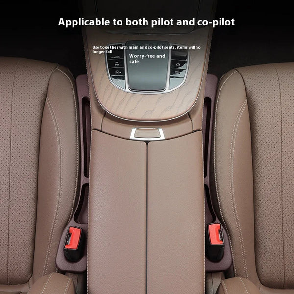 Car seat gap plug and storage organizer installed in a car seat seat.