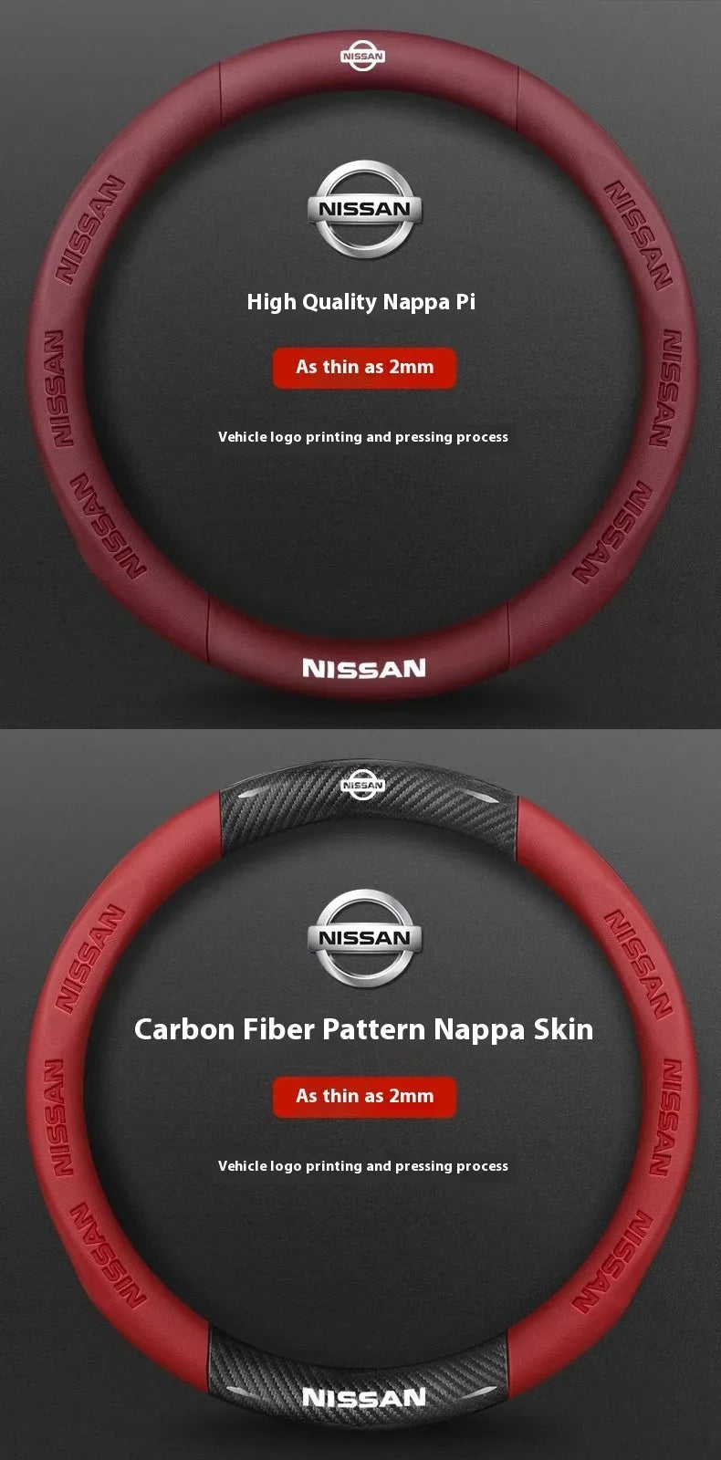 A red steering wheel cover made of carbon fiber pattern nappa skin for a Nissan vehicle.