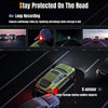 A car dash cam is shown recording footage, featuring loop recording and a G-sensor for impact detection.
