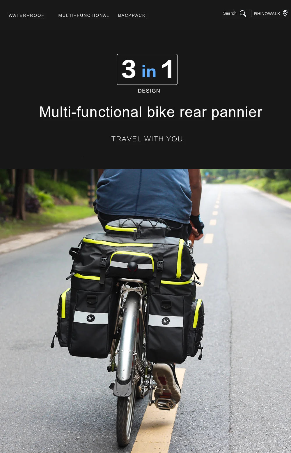 A person is riding a bicycle with a multi-functional rear pannier bag attached to the rack on a paved road.