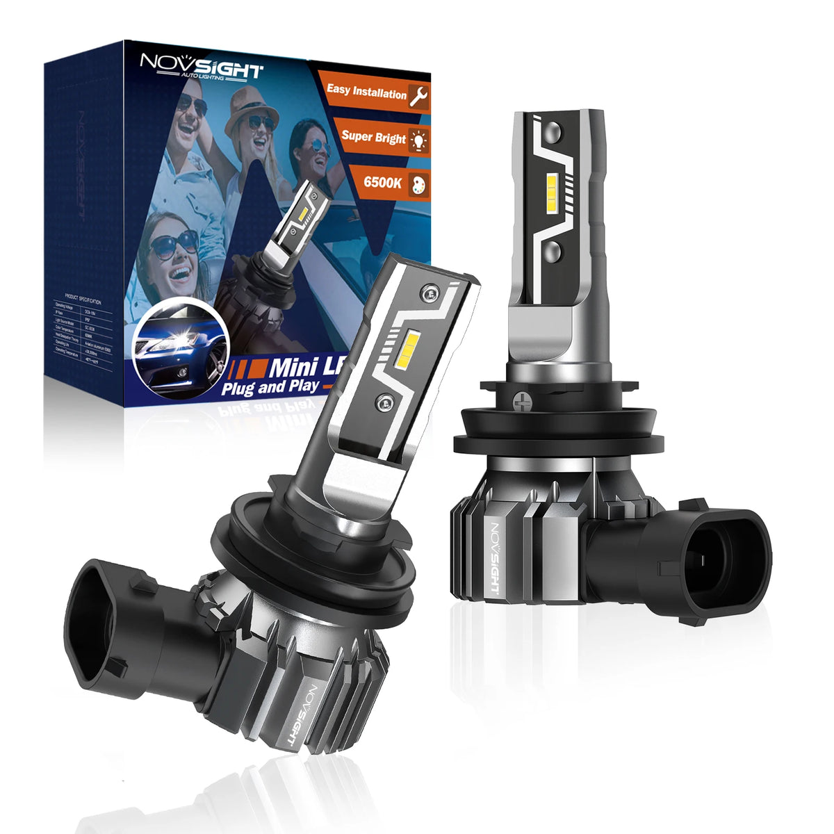A NovaSight Mini LED plug and play car headlight bulb and its packaging box.