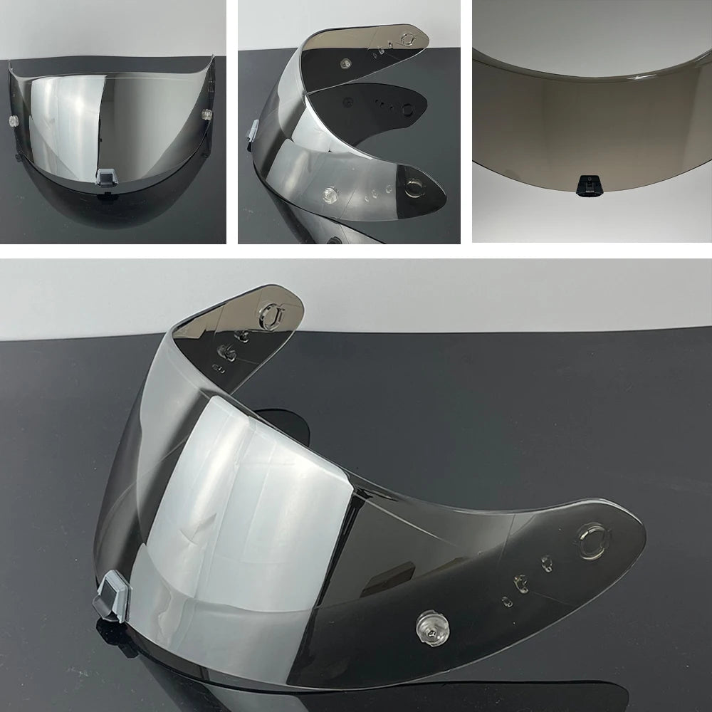 A motorcycle helmet visor lens shown in various angles and a full view, demonstrating its reflective surface.
