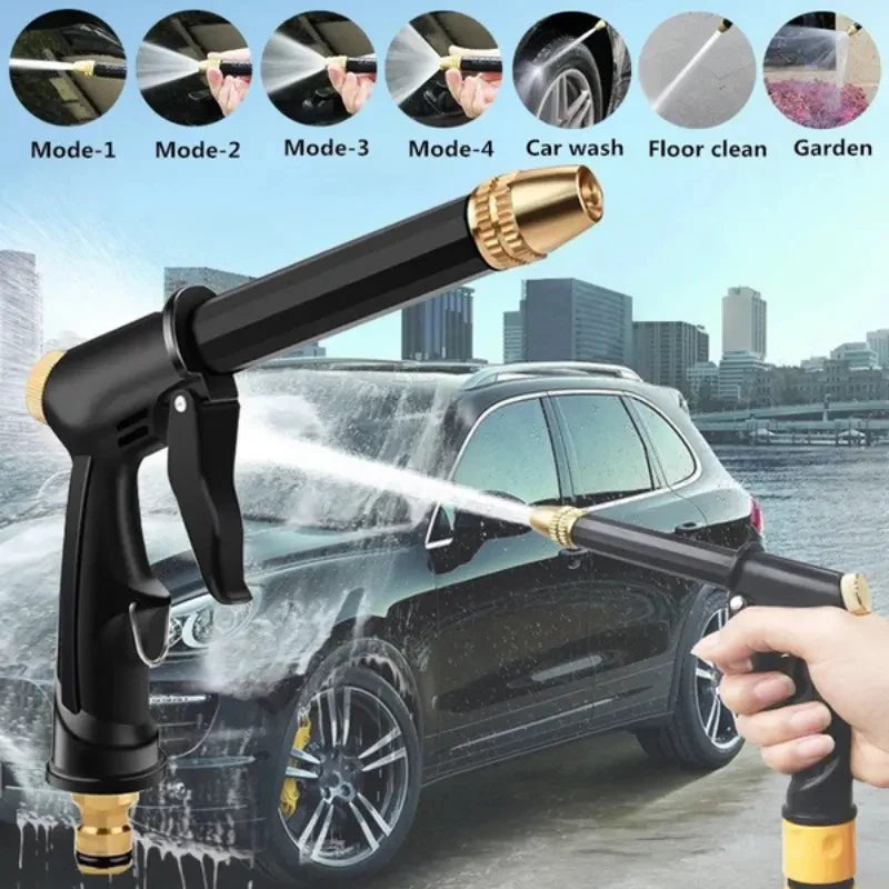 A black high-pressure adjustable water gun is shown spraying water onto a car for cleaning and washing.