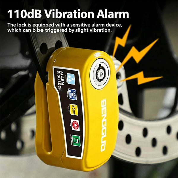 A yellow vibration alarm device is attached to a disc brake lock for motorcycles or scooters.