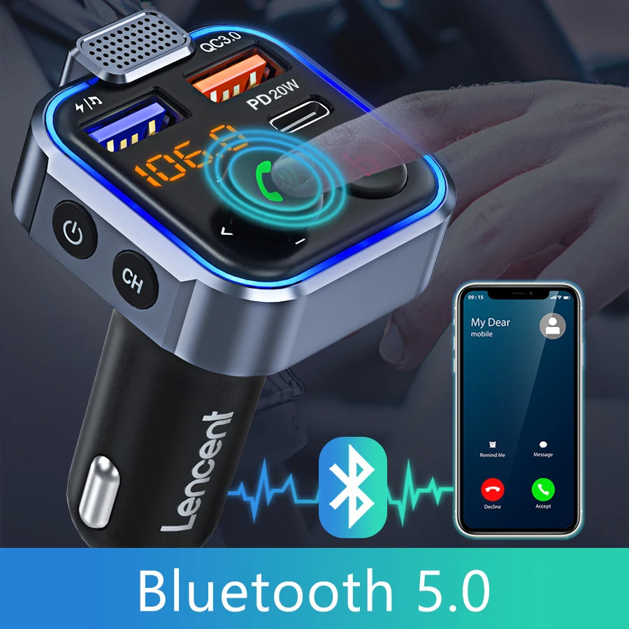 A silver Bluetooth car audio transmitter is shown next to a smartphone displaying connection options.