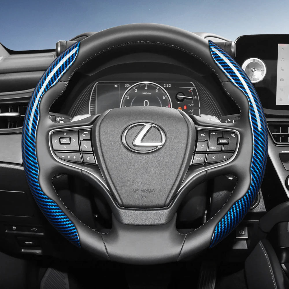 Close-up view of a black Lexus steering wheel with blue carbon fiber accents and controls.