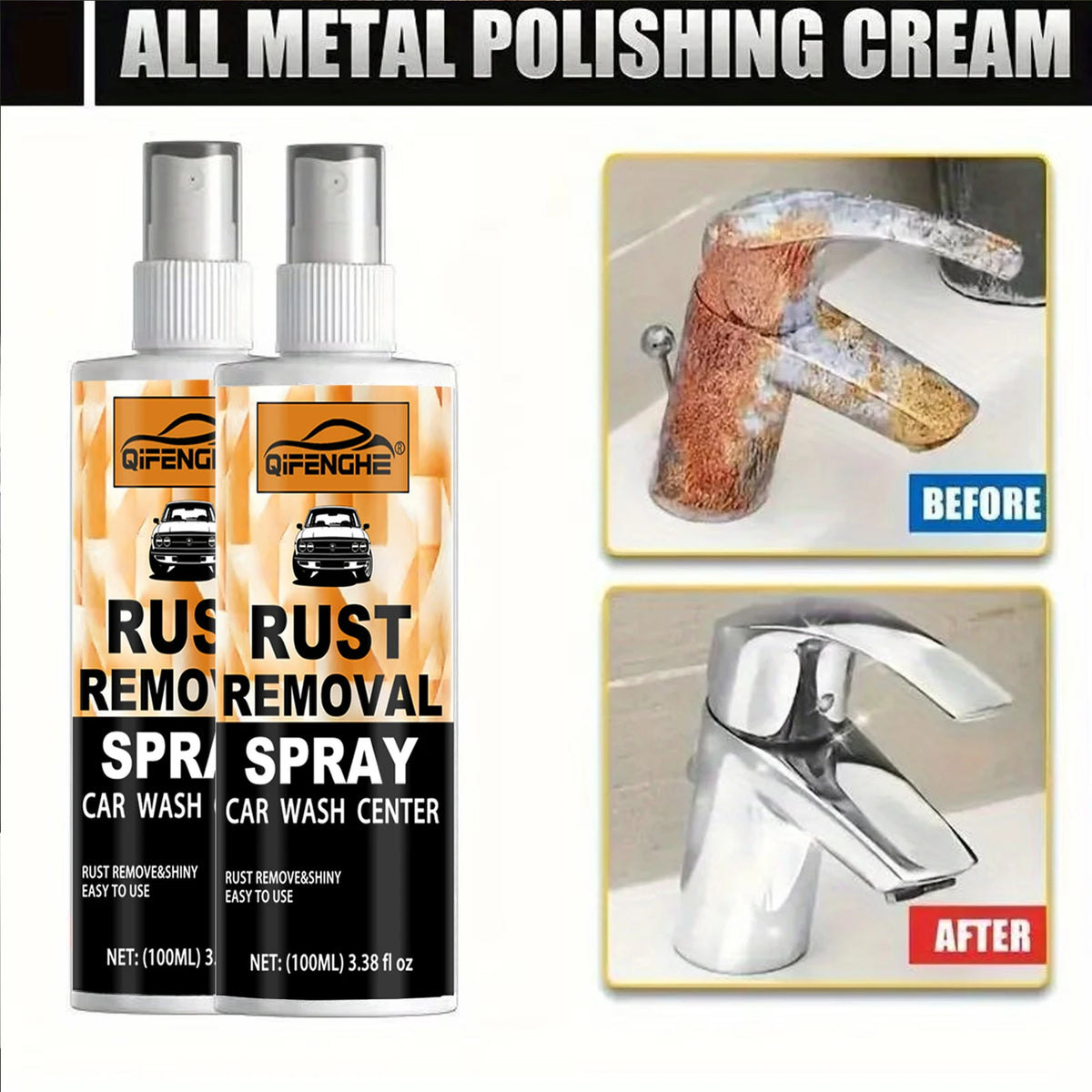 A bottle of rust removal spray and a chrome faucet showing before and after results.