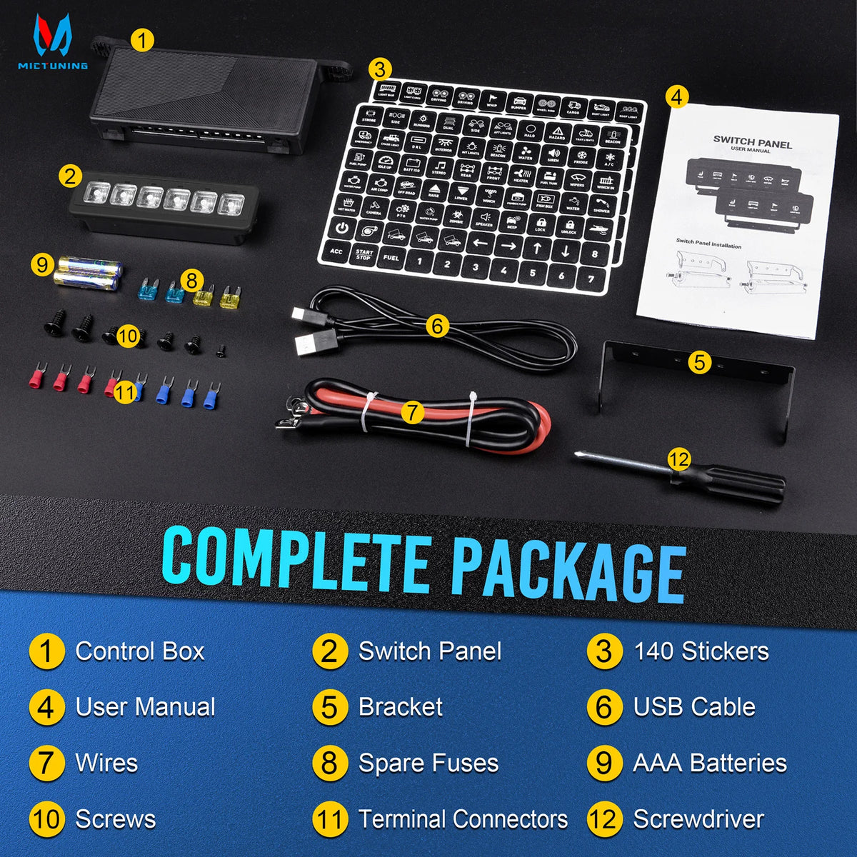 Complete package for a 6 gang wireless circuit control switch panel including control box, panel, wires, fuses, batteries, an