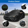 A black all-weather waterproof UV car cover shown with details of separate trunk, seat, and charging port openings.