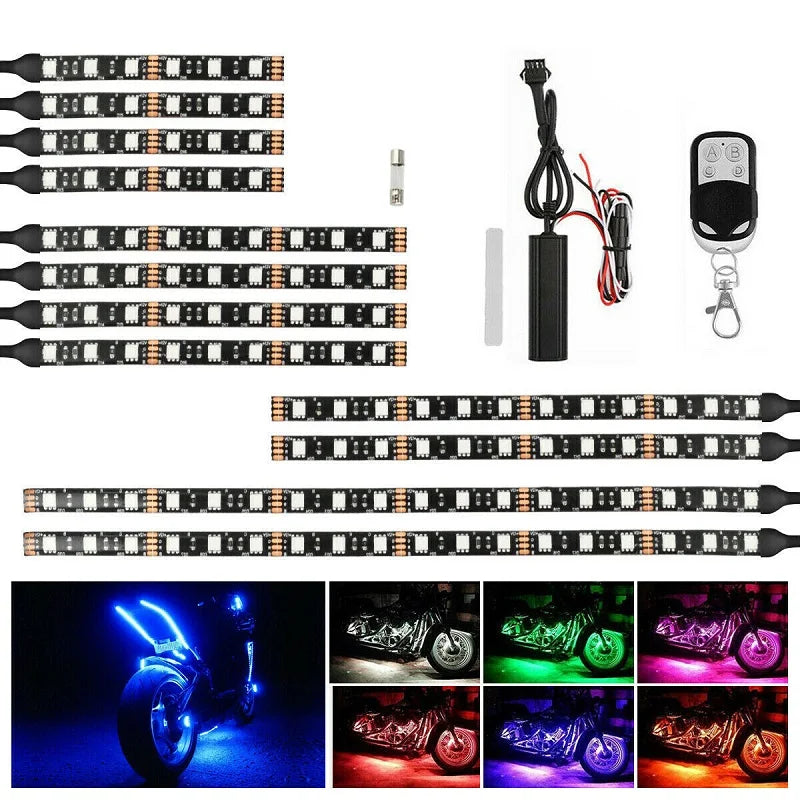 Motorcycle RGB LED underglow kit with remote control featuring multiple light bar strips and a controller.