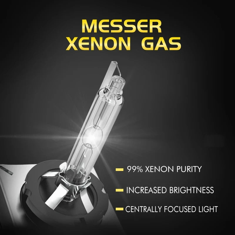 A glass xenon gas bulb is shown being focused by a light fixture, demonstrating 99% xenon purity and increased brightness.