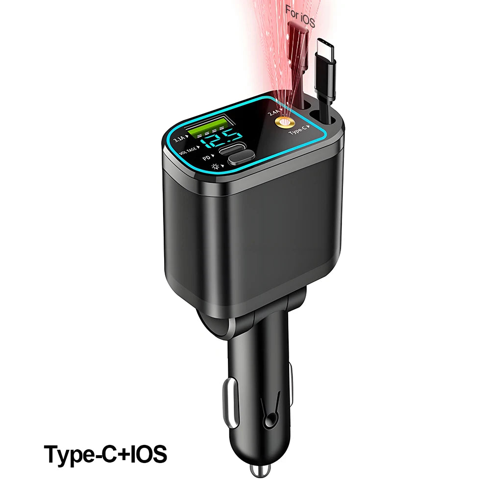 A black Type-C to iOS car charger with a digital display and retractable cable.