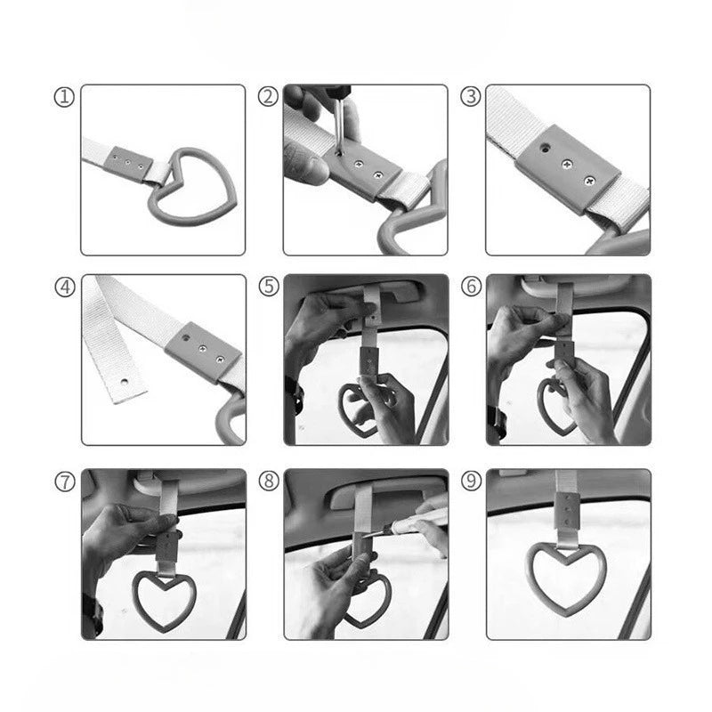 A series of nine steps showing how to attach a JDM Tsurikawa strap with a heart charm to a vehicle interior.