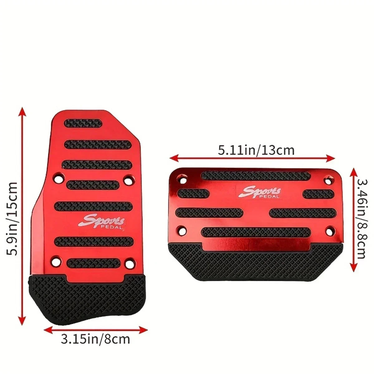 Ensemble de protection des pédales rouge et noire pour voitures manuelles, montrant les caches et le matériel de montage.