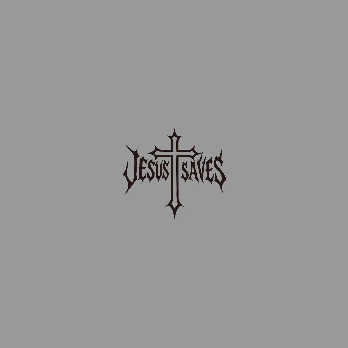 Schwarzes gotisches Kreuzdesign mit der Aufschrift „Jesus Rettet“ in stilisierter Schrift auf grauem Hintergrund.