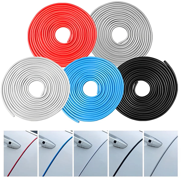 A collection of coiled rubber scratch protector strips in red, blue, silver, and black.