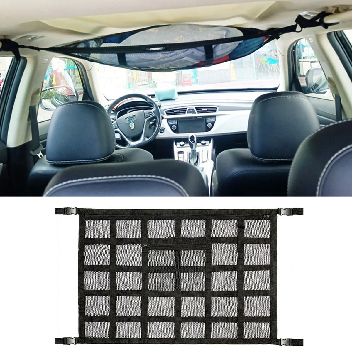 A black heavy-duty cargo net is shown stretched over the interior of a vehicle, likely an SUV or truck.
