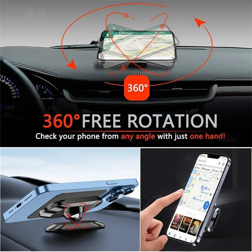 A 360 degree magnetic car phone holder is shown mounted on a car dashboard, allowing users to check their phone from any angl