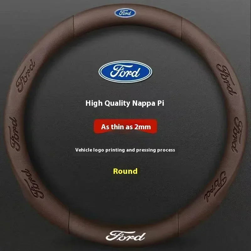 A round brown steering wheel cover for a Ford vehicle featuring the Ford logo and text.