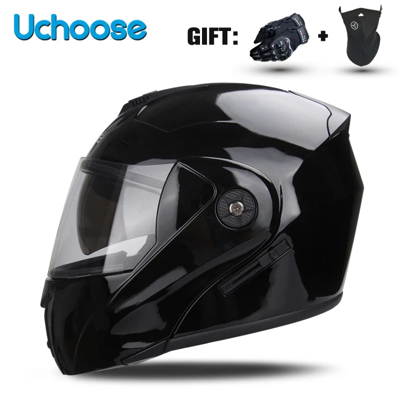 Black Uchoose DOT certified double lens flip-up motorcycle helmet with a gift