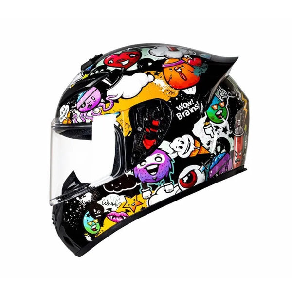 A black and colorful racing-style ABS motorcycle helmet with various graphic designs.