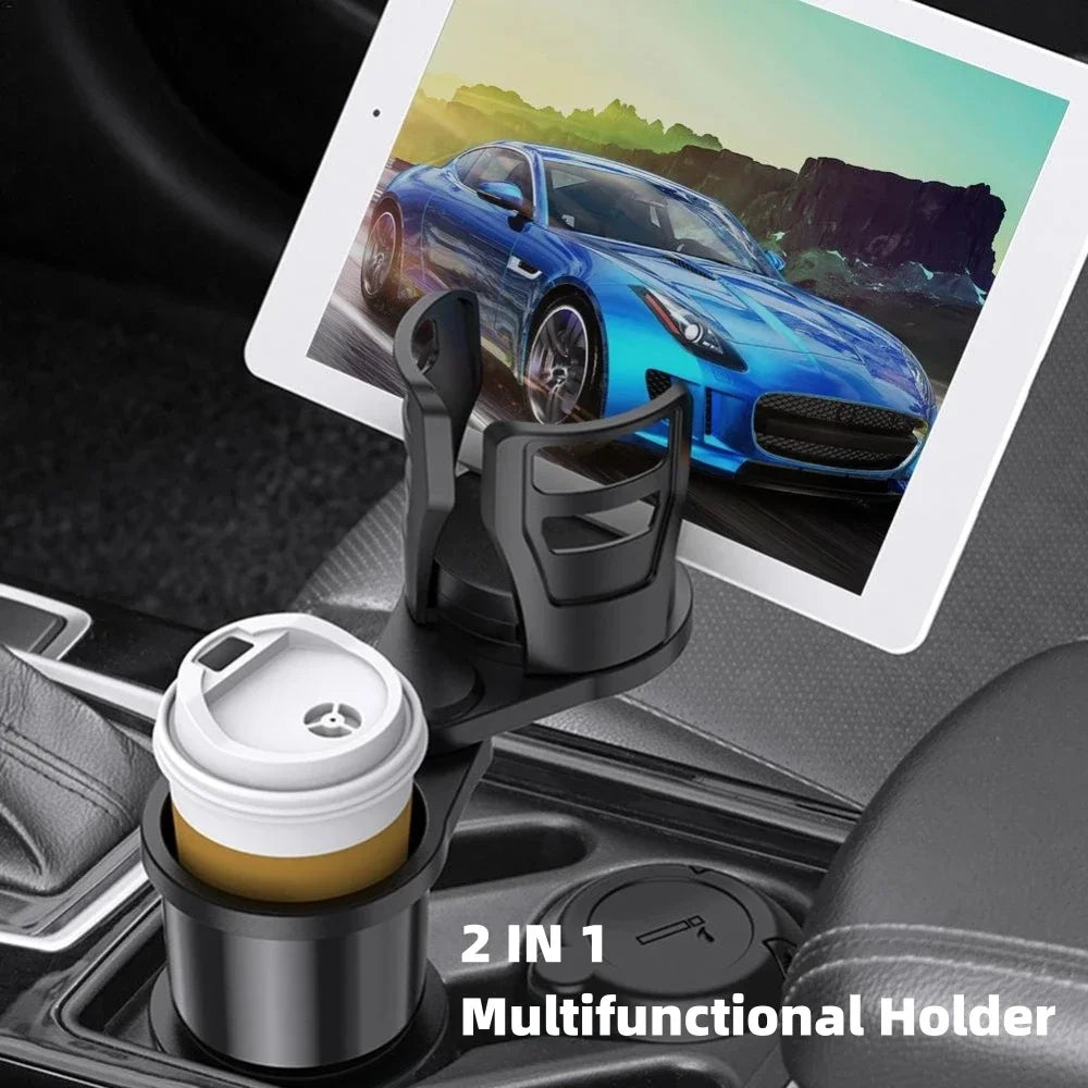 A black multifunctional holder organizer for a car cup holder and phone, shown in a close-up view.