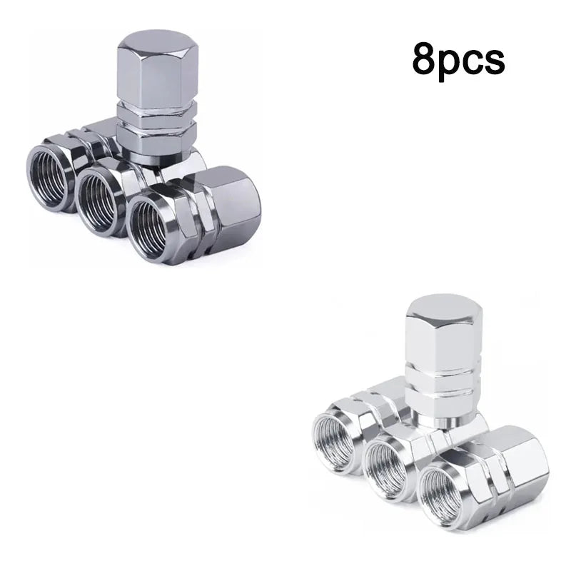 Eight durable aluminum valve caps for wheels and tires shown in a group.