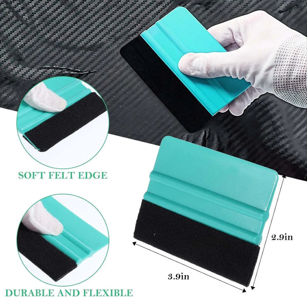 A hand holds a teal felt squeegee tool with a black rubber edge, showing its soft felt edge and durable flexible design.
