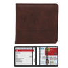 A brown leather card holder wallet with the text Registration & Insurance embossed on the cover.