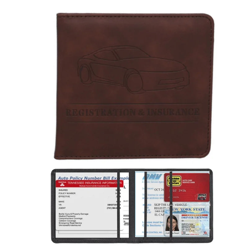 A brown leather card holder wallet with the text Registration & Insurance embossed on the cover.