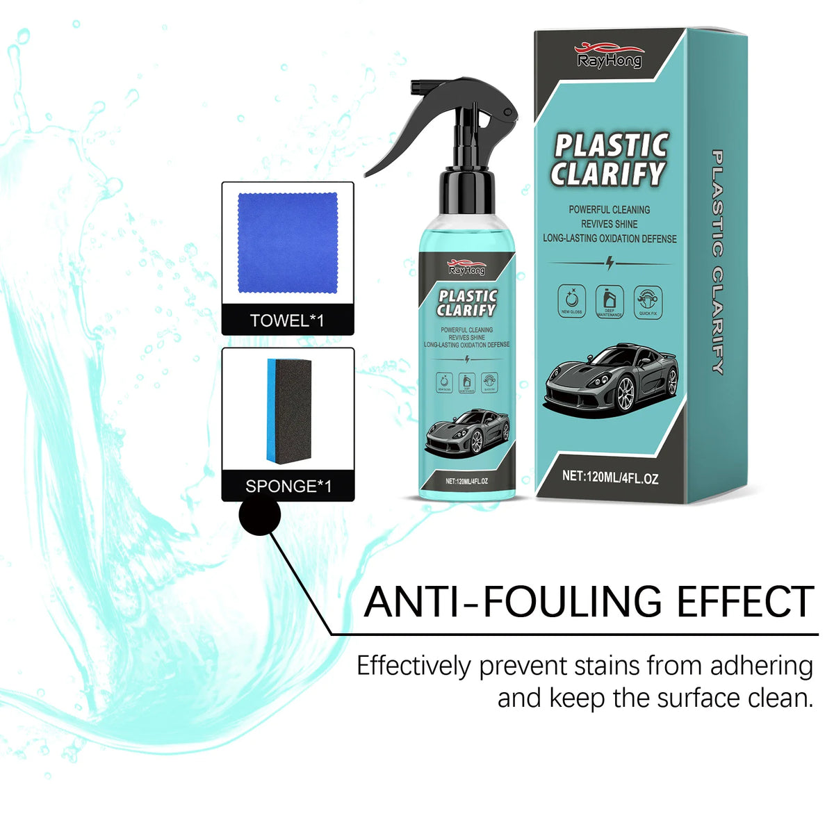 Spray bottle of Plastic Clarity cleaner with a box, towel, and sponge for car trim and dashboard restoration.