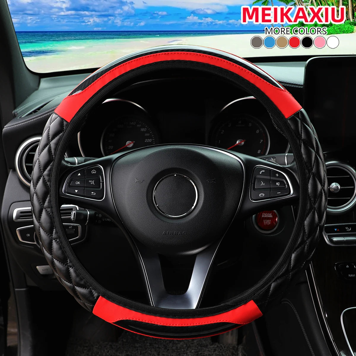 Black steering wheel with red accents and carbon fiber stitching installed in a car interior.