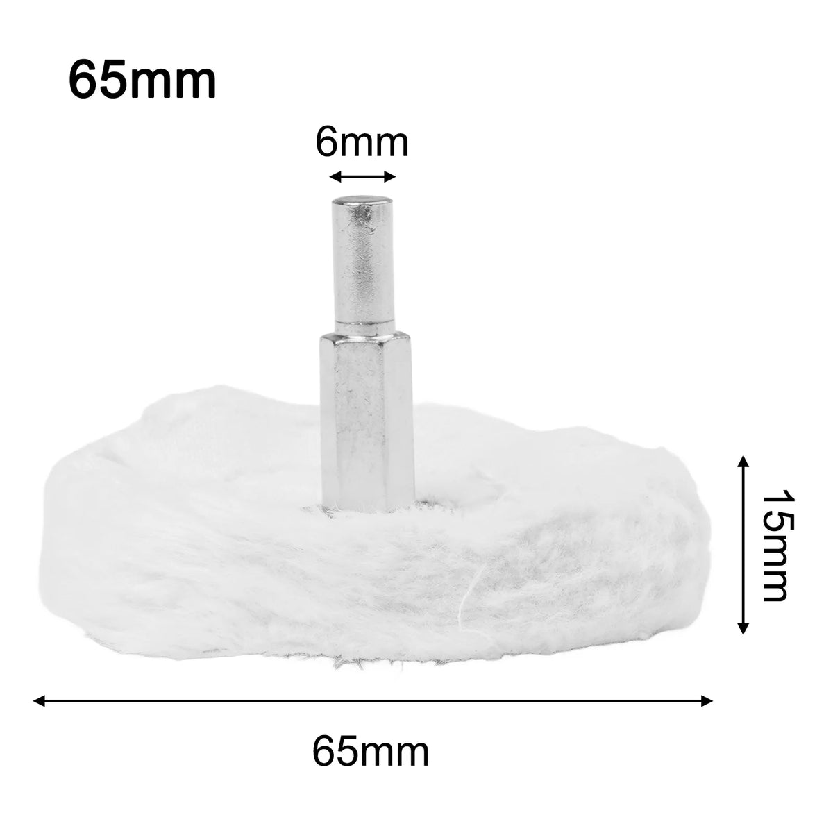 A silver polishing mop wheel with a 6mm shaft shown next to a white, fluffy material.