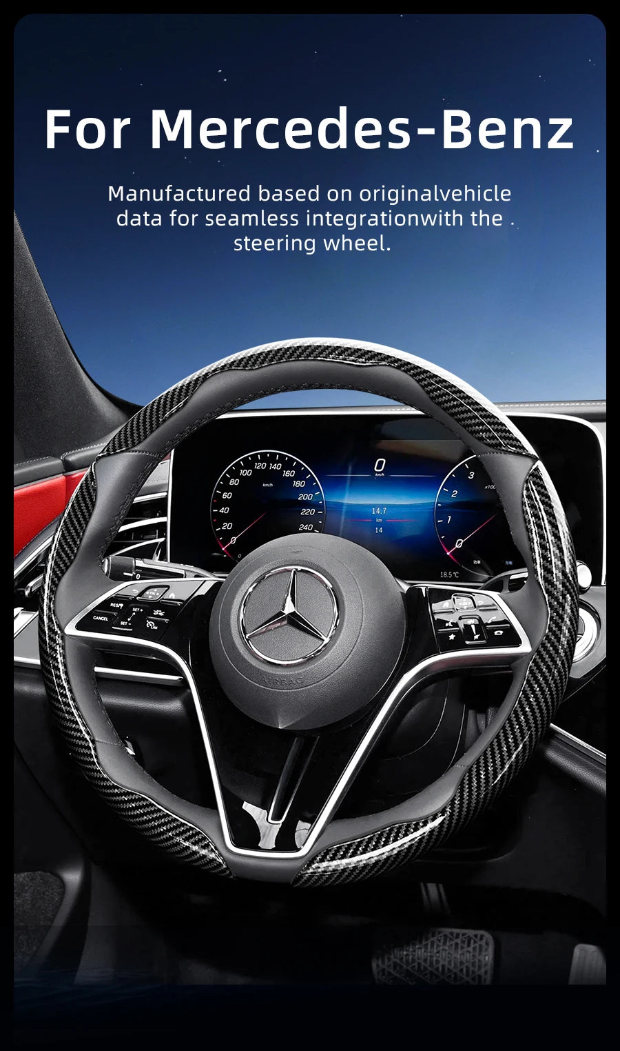 A close-up view of a black steering wheel with a carbon fiber texture cover installed in a Mercedes-Benz vehicle interior.