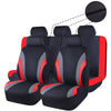 Black and red universal breathable fabric car seat covers shown with a detail of the stitching.