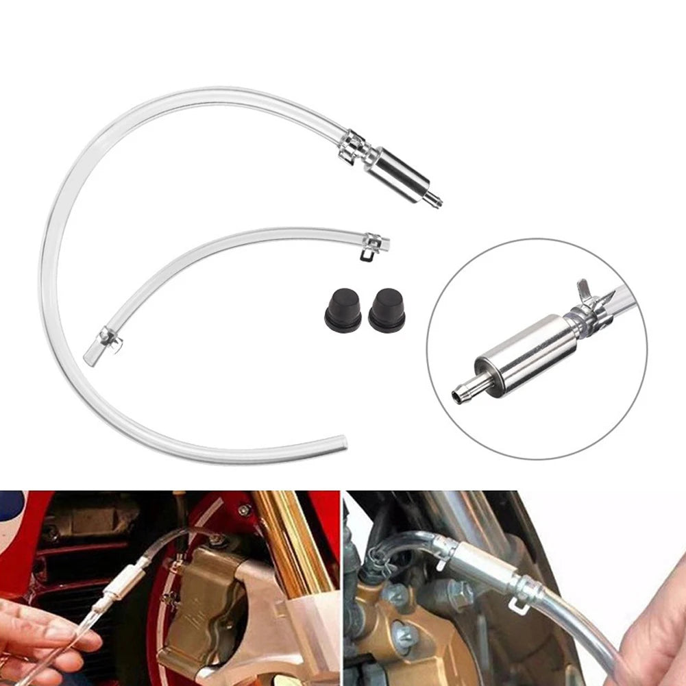 A clear brake bleeder hose with a one-way valve and fittings shown in various angles.