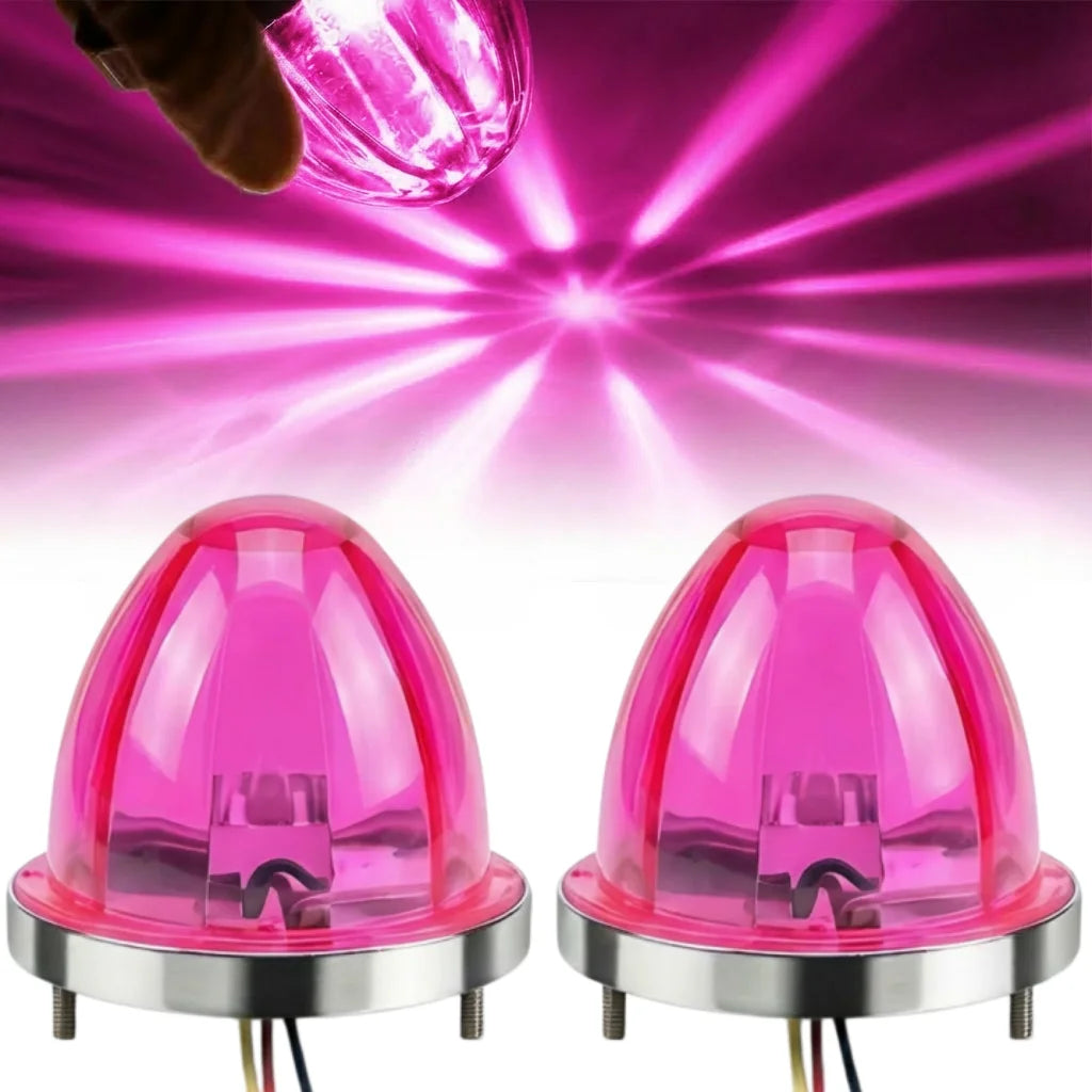 Two pink watermelon LED marker lights with silver bases and wires
