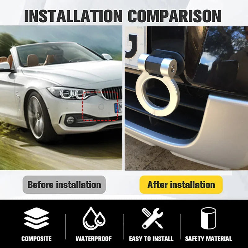Installation comparison showing a car trailer hook decal before and after installation