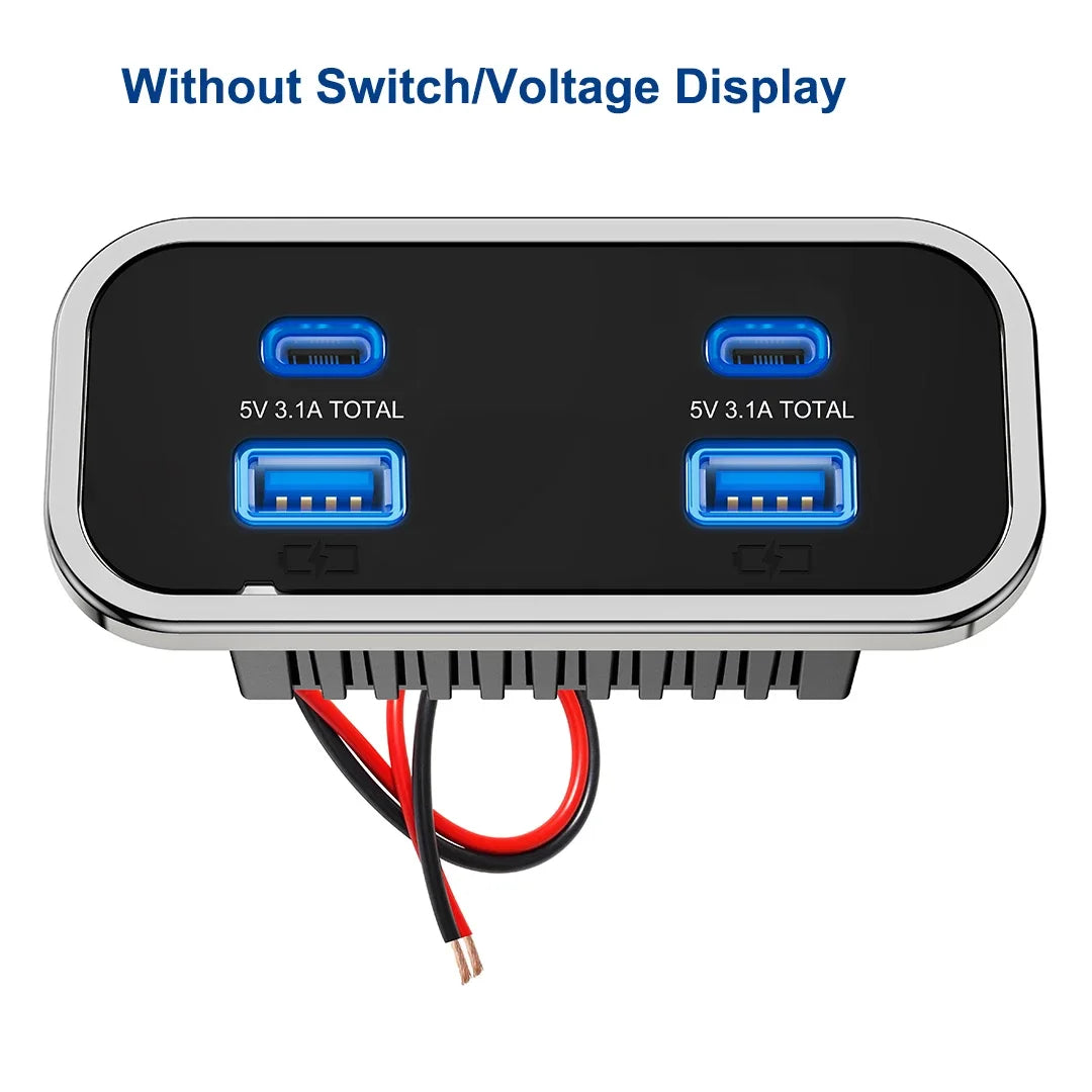 A black universal DC car charger adapter with two 5V 3.1A output ports and a cable connection.