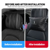 Before and after installation comparison of an ergonomic car headrest neck support pillow.