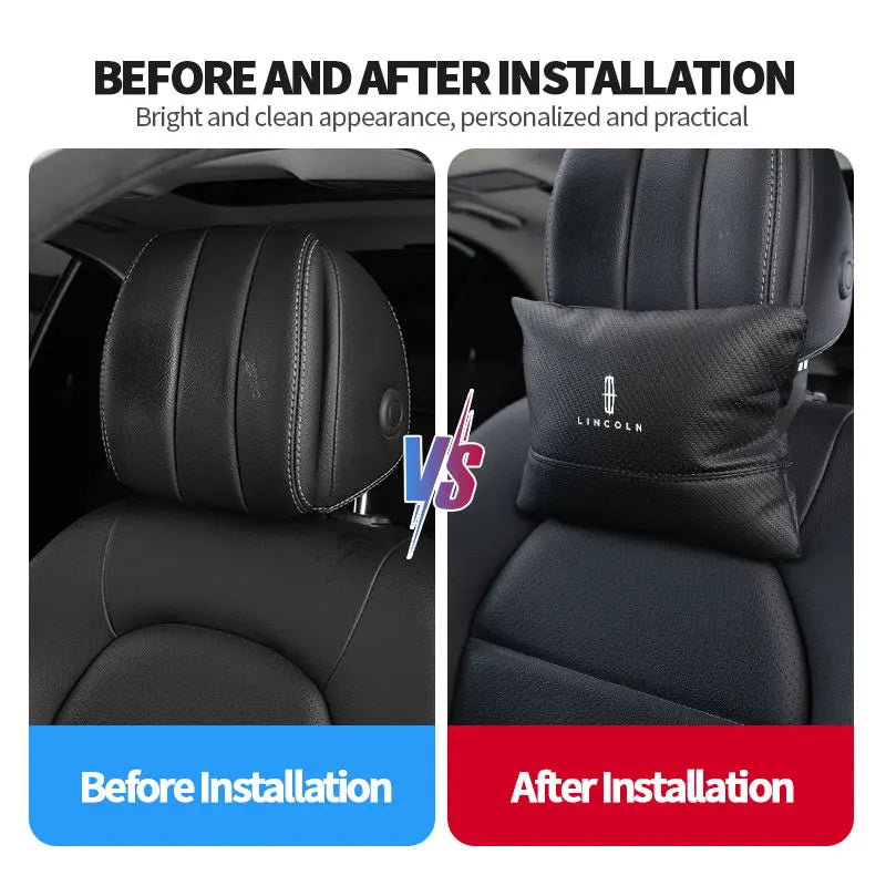 Before and after installation comparison of an ergonomic car headrest neck support pillow.