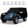 Black heavy-duty waterproof car cover protecting a blue Jeep Wrangler or SUV.