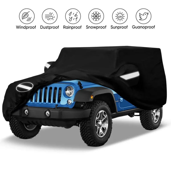 Black heavy-duty waterproof car cover protecting a blue Jeep Wrangler or SUV.