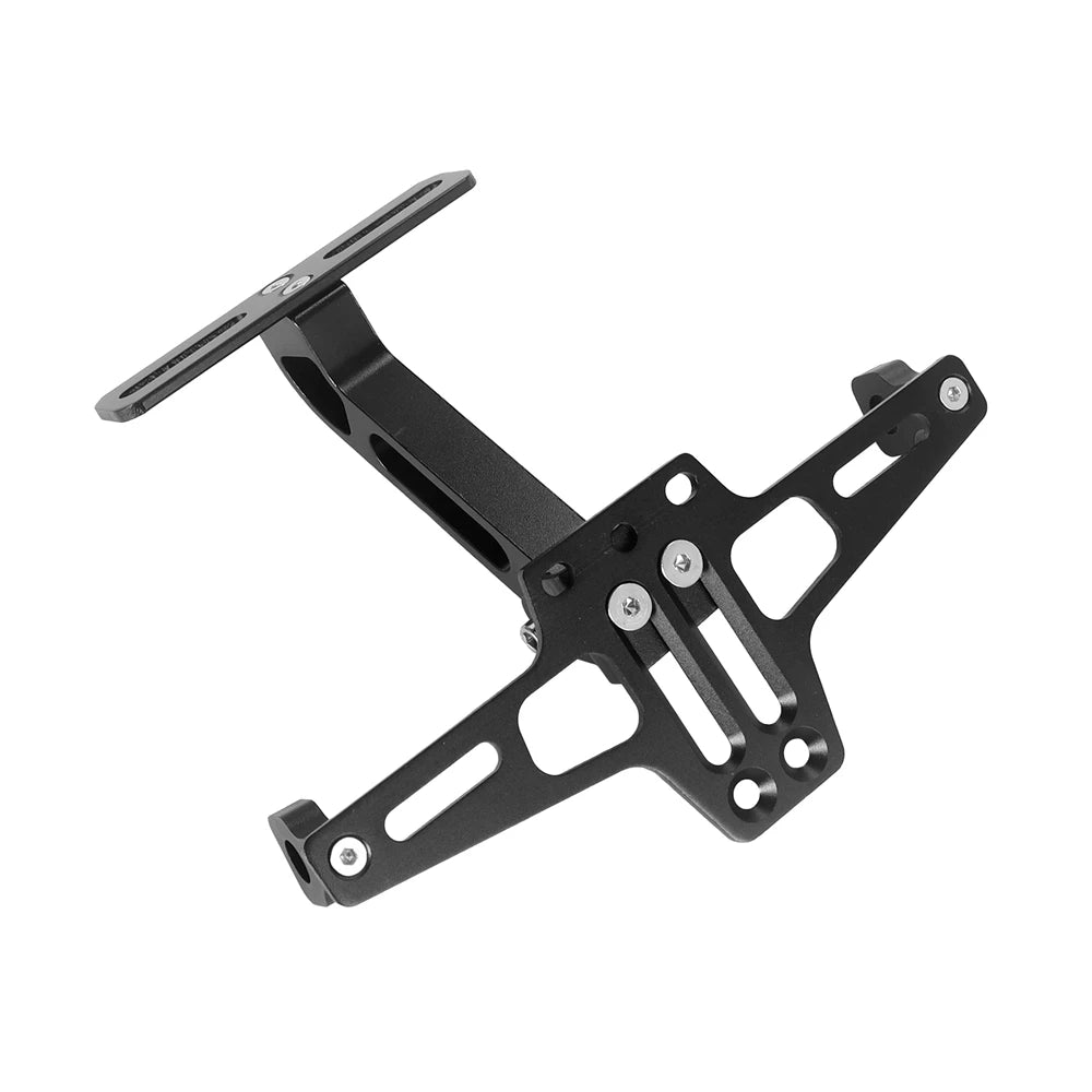 Soporte universal para matrícula de motocicleta negra con bracket y portaplacas.