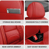 A set of red universal car seat covers showing storage bag design, headgear coverage, rear center armrest, and seat socket re